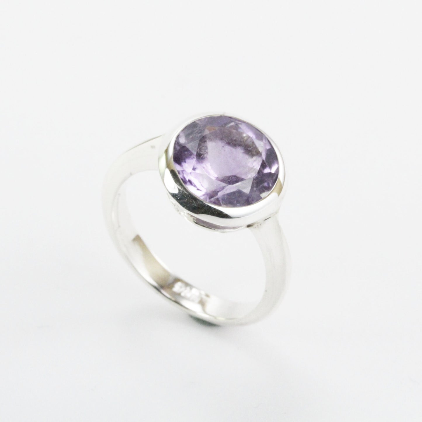Round Amethyst solitaire ring for women 11 mm round handmade bezel set in 925 sterling silver