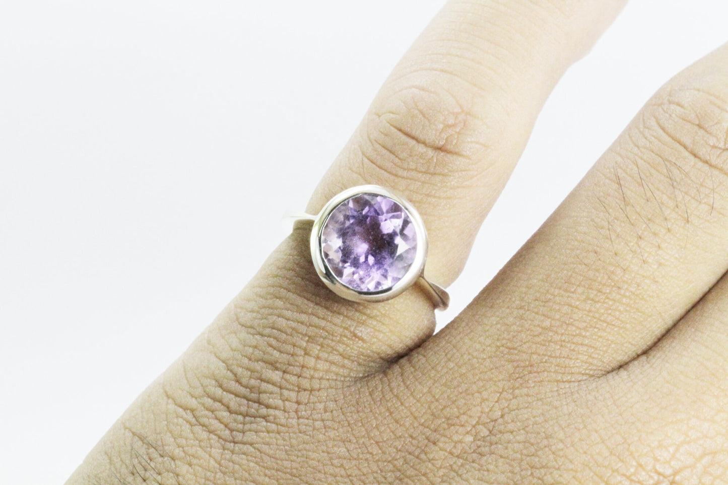 Round Amethyst solitaire ring for women 11 mm round handmade bezel set in 925 sterling silver