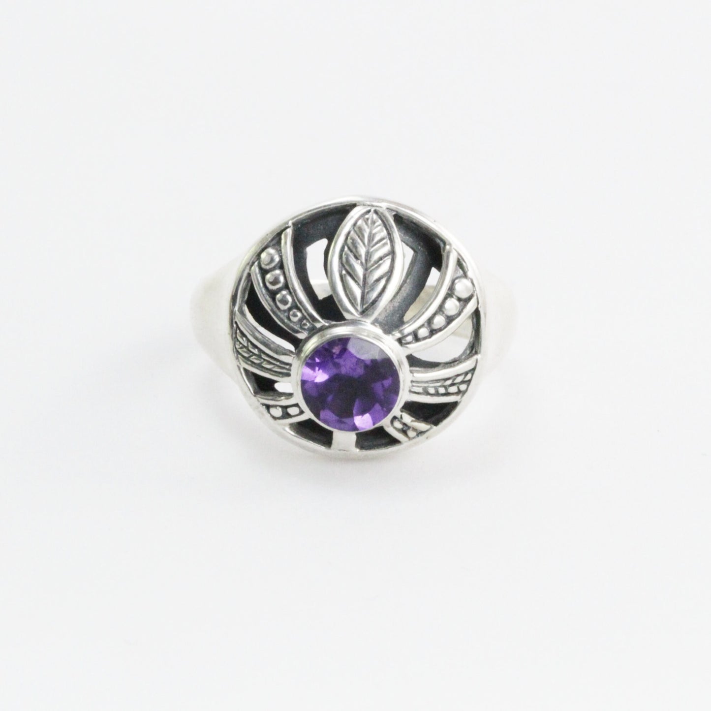 Palm tree ring 925 sterling silver with genuine amethyst and white shell