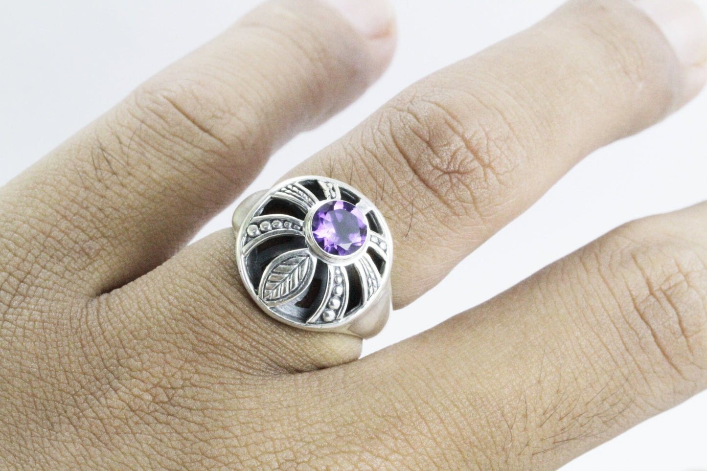 Palm tree ring 925 sterling silver with genuine amethyst and white shell