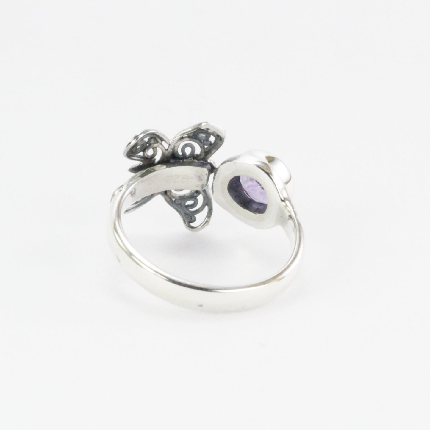 bypass ring 925 sterling silver with amethyst and filigree butterfly