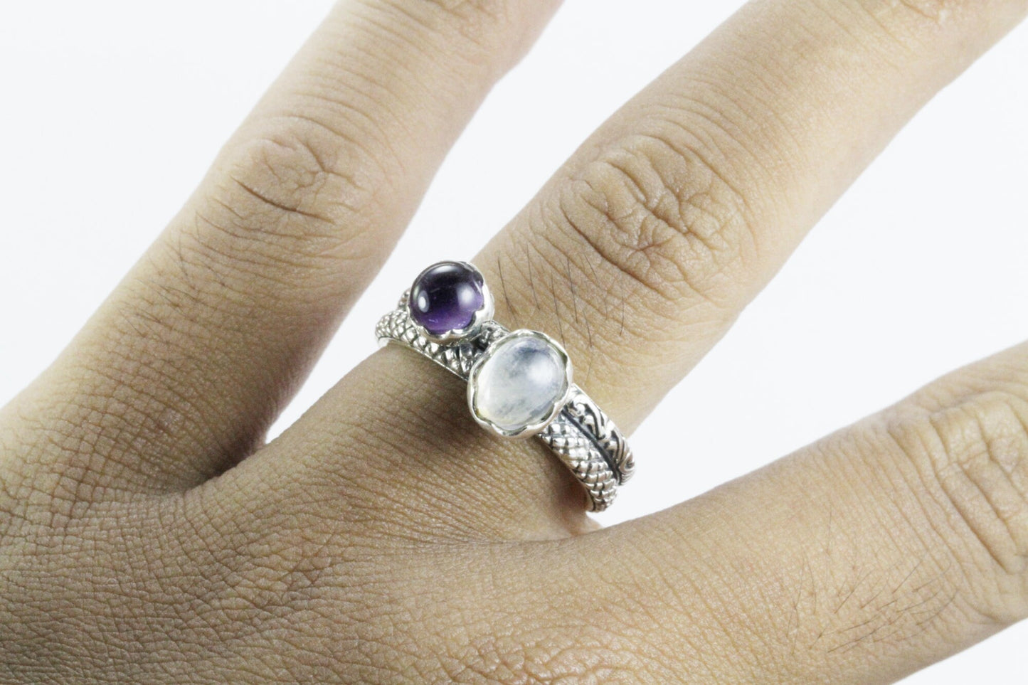 Two stone ring 925 sterling silver moonstone and amethyst, stackable ring filigree