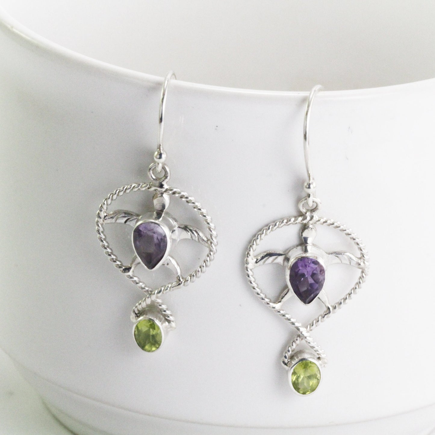 turtle earrings 925 sterling silver for women with amethyst and peridot