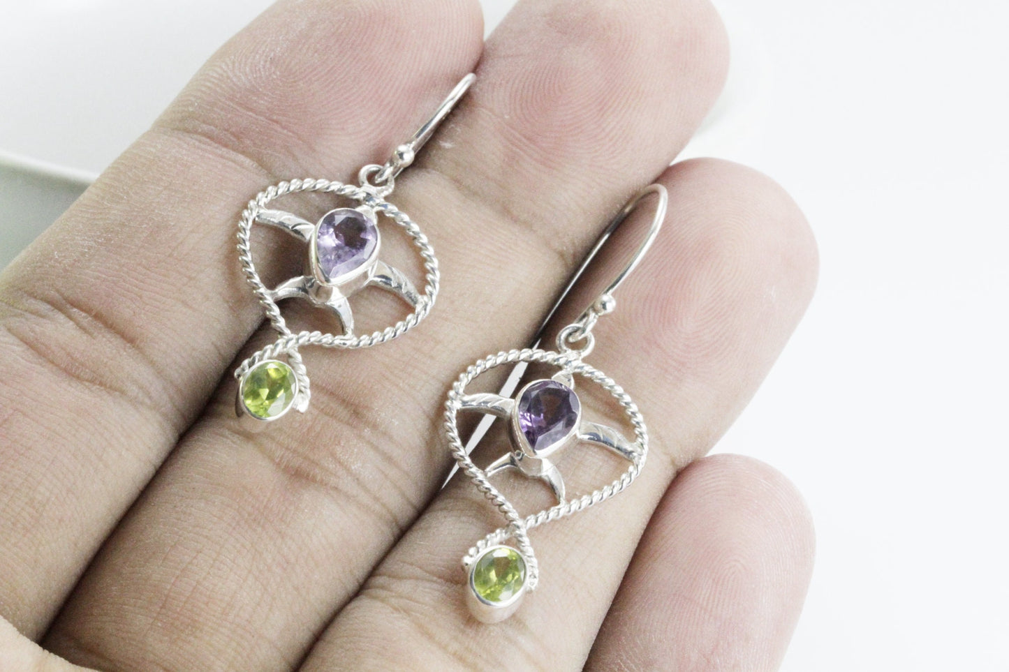 turtle earrings 925 sterling silver for women with amethyst and peridot
