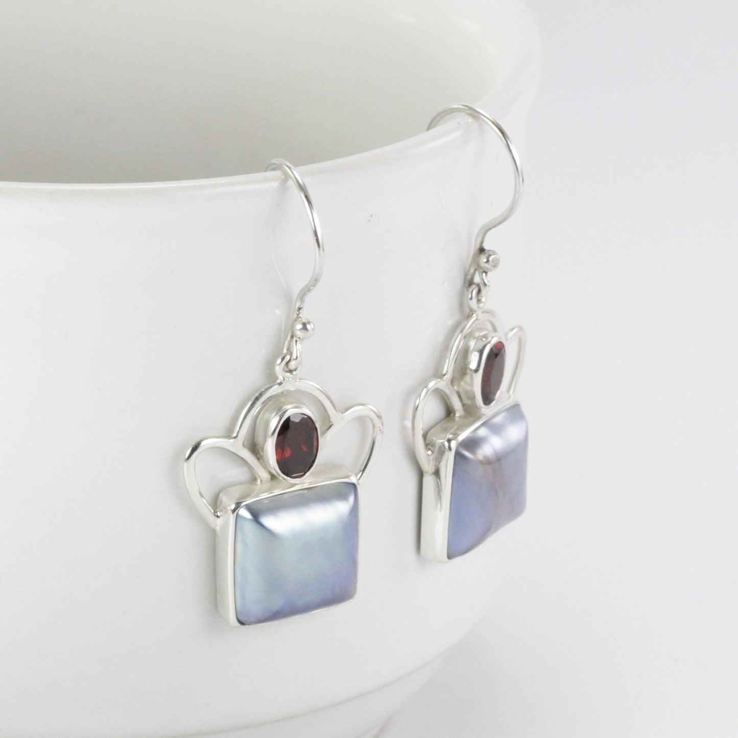 mabe pearl earrings in 925 sterling silver dangle, square pearl earrings with garnet
