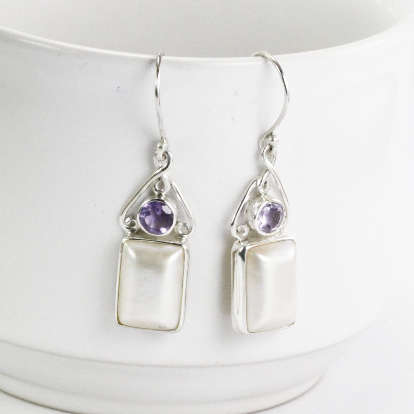 white mabe pearl earrings dangle 925 sterling silver with genuine amethyst,