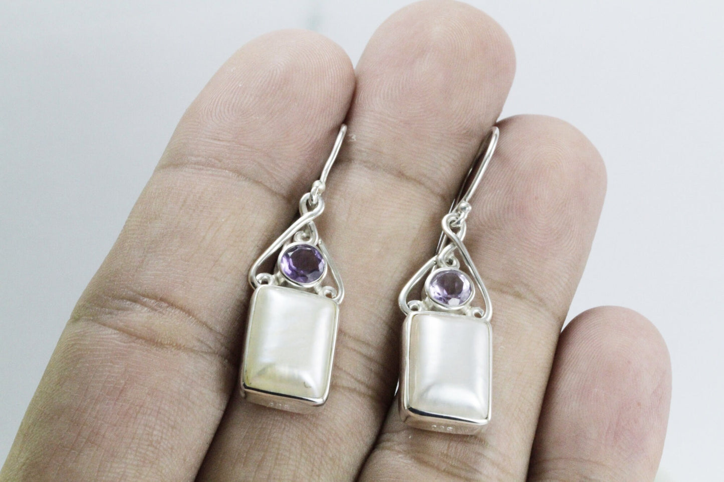white mabe pearl earrings dangle 925 sterling silver with genuine amethyst,