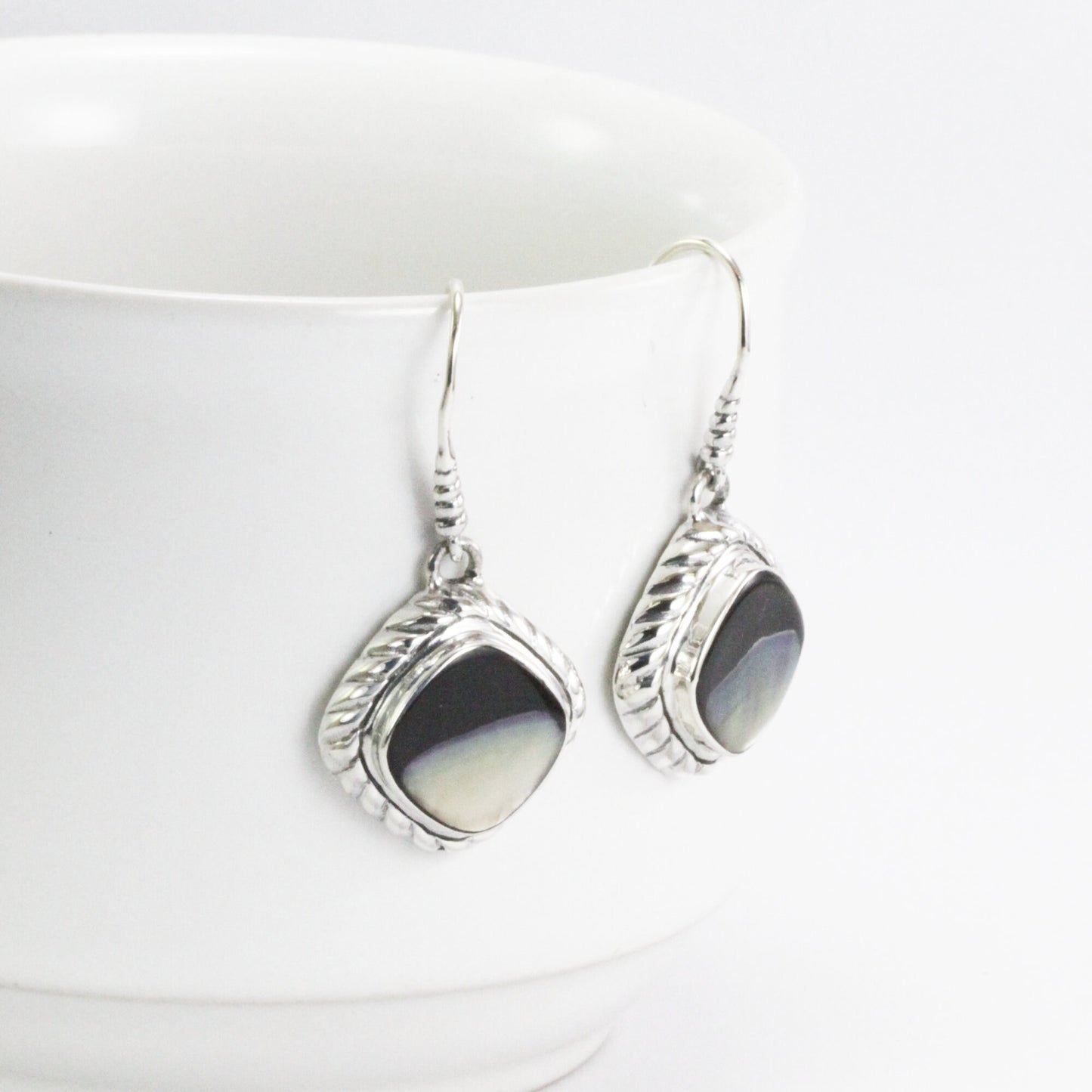 mother of pearl earrings dangle 925 sterling silver, cable earrings with shell