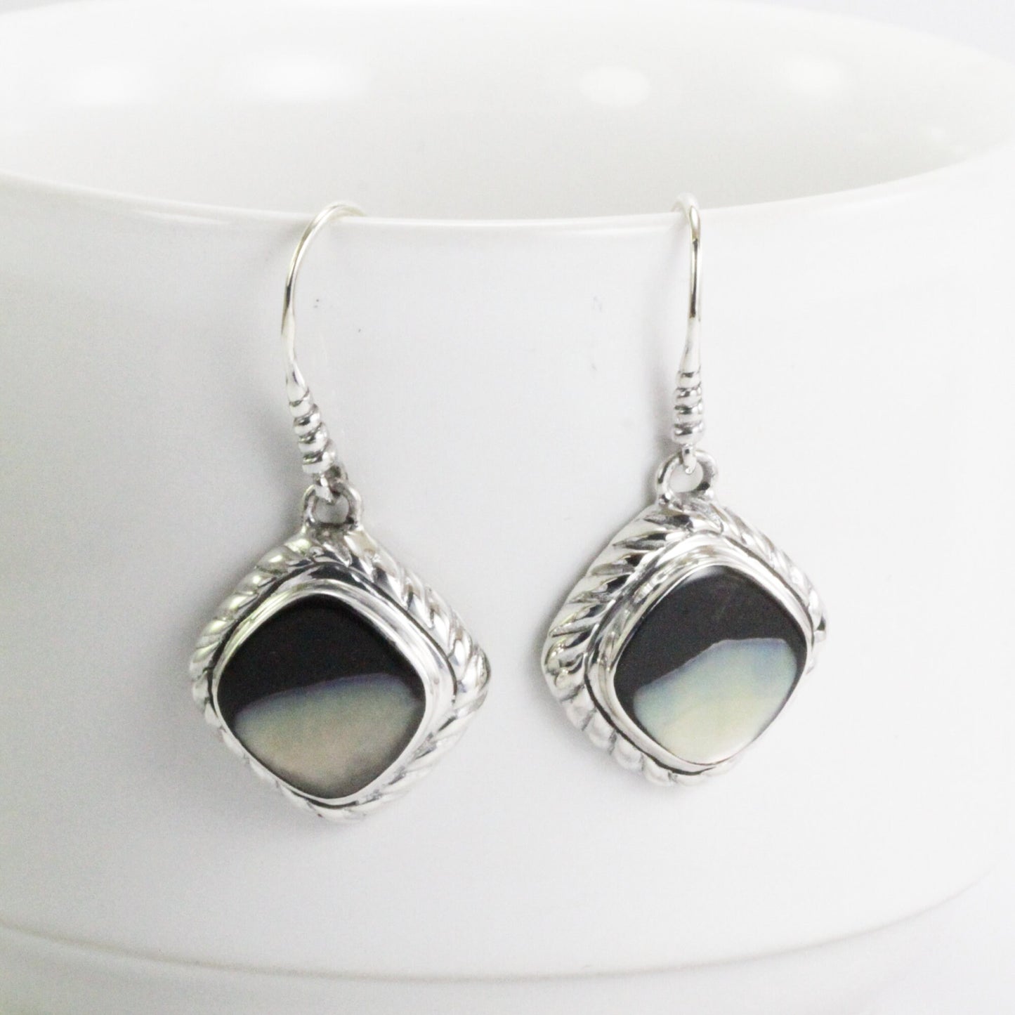 mother of pearl earrings dangle 925 sterling silver, cable earrings with shell