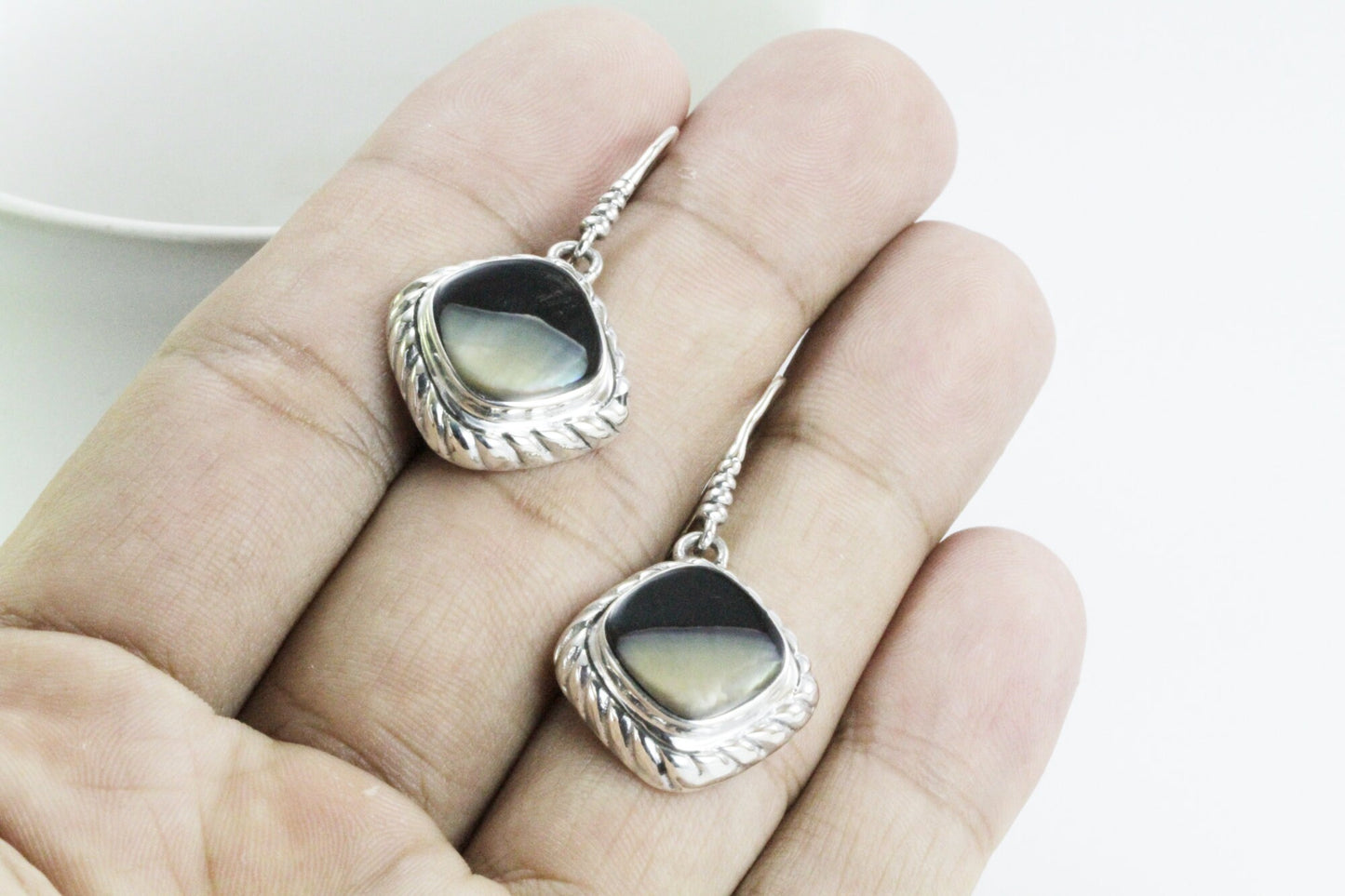 mother of pearl earrings dangle 925 sterling silver, cable earrings with shell