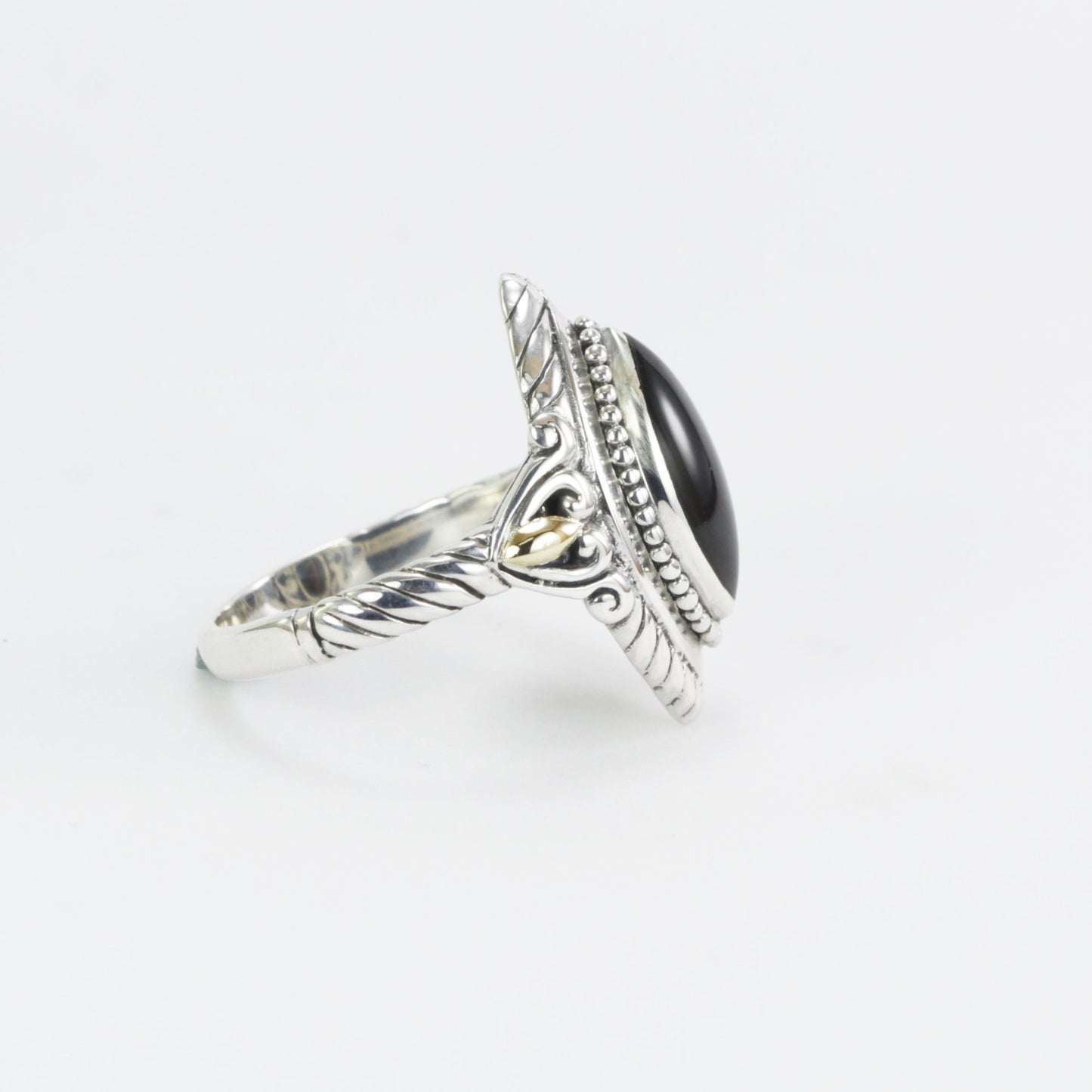 marquise shape ring in 925 sterling silver, two tone ring, cable shank ring, black shell ring