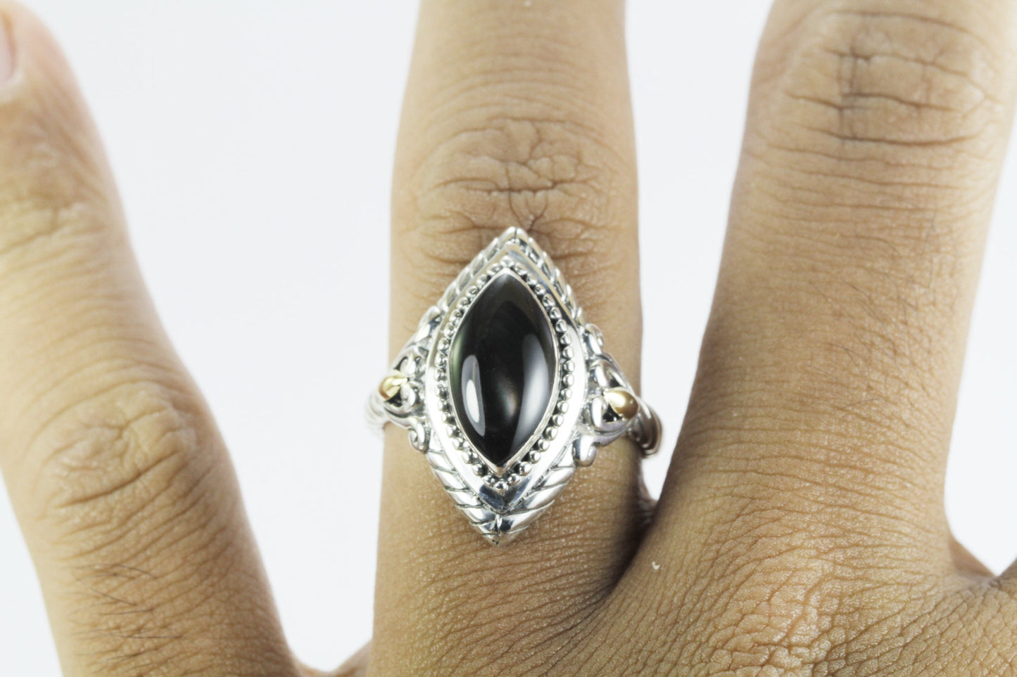 marquise shape ring in 925 sterling silver, two tone ring, cable shank ring, black shell ring