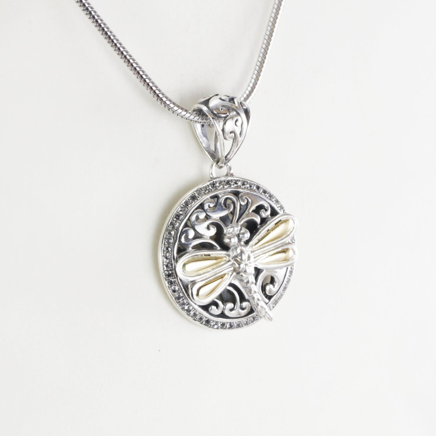 Dragonfly necklace pendant in 925 sterling silver, round silver pendant, two tone pendant