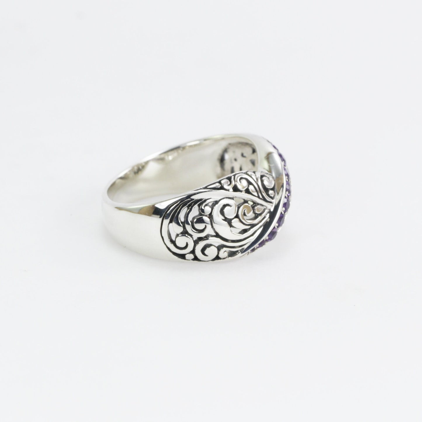Wide band ring ring in 925 sterling silver, amethyst ring, swirl filigree ring,