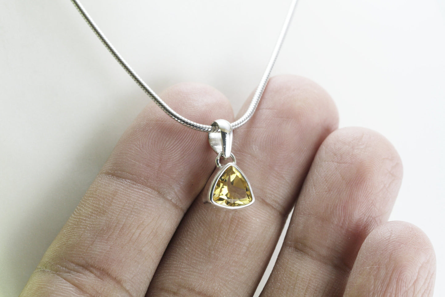 Bezel set citrine pendant in 925 sterling silver, triangle citrine pendant