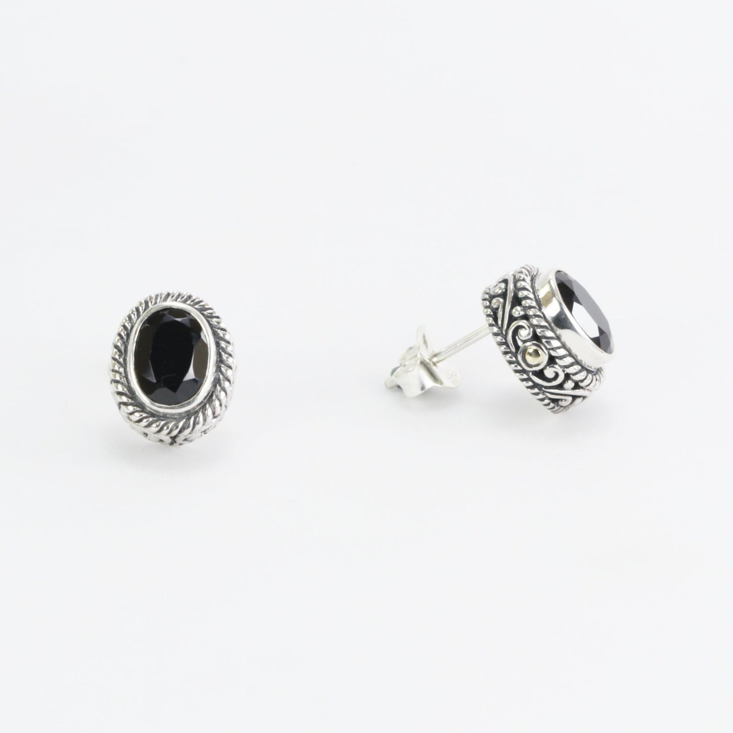 Black Onyx stud earrings set in 925 sterling silver, oval stone stud earrings, two tone stud