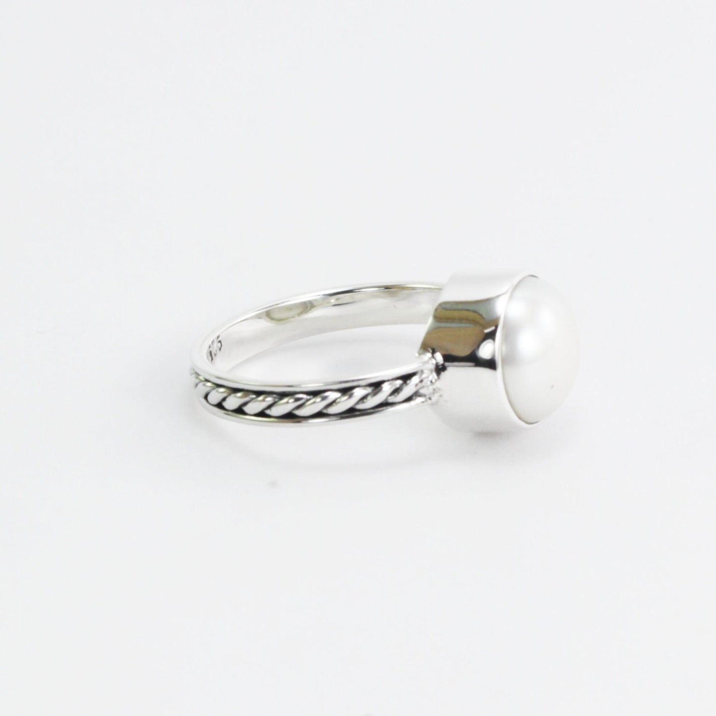 Fresh water pearl ring set in 925 sterling silver, cable rope ring with pearl