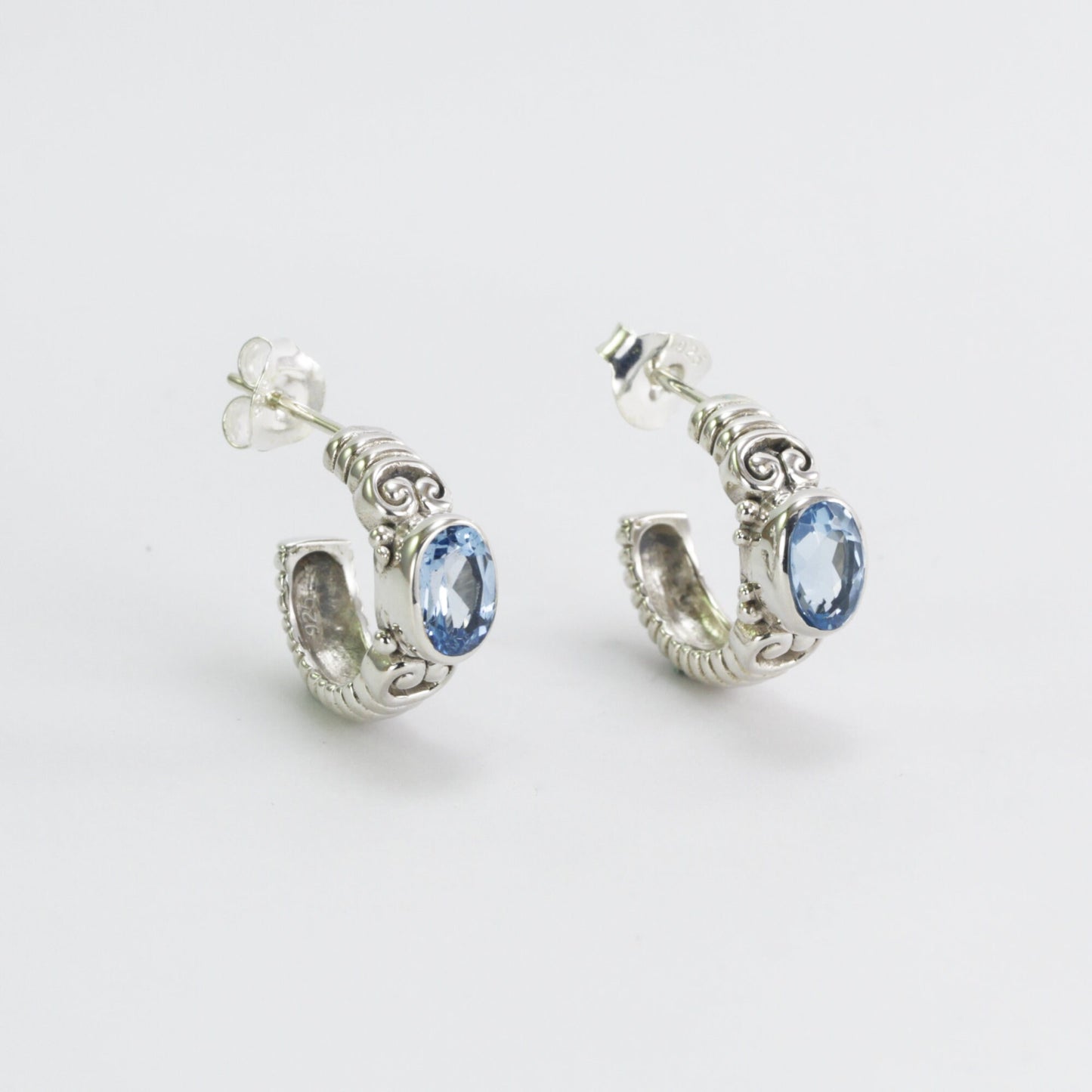 Hoops earrings 925 sterling silver with genuine oval swiss blue topaz bezel set