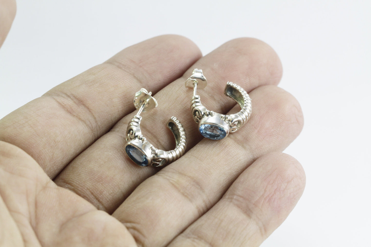 Hoops earrings 925 sterling silver with genuine oval swiss blue topaz bezel set