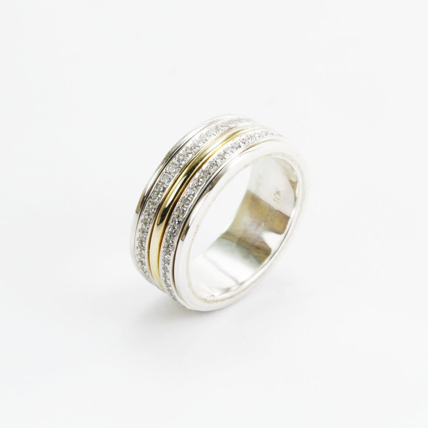 Spinning ring 925 sterling silver with 10K yellow gold and white topaz, spinner ring