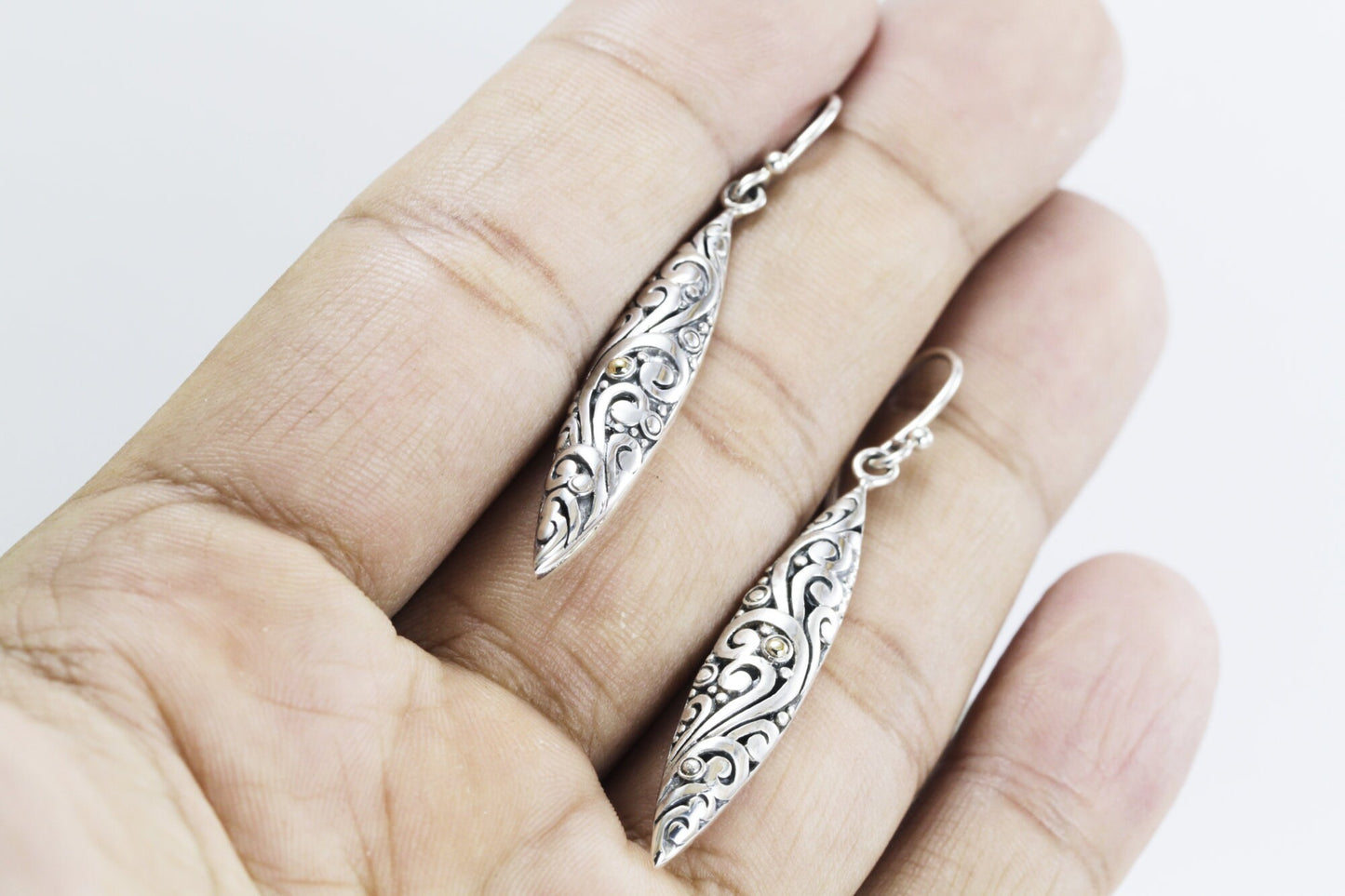 Marquise earrings dangle drop 925 sterling silver decorated with 18k gold accent and swirl filigree art