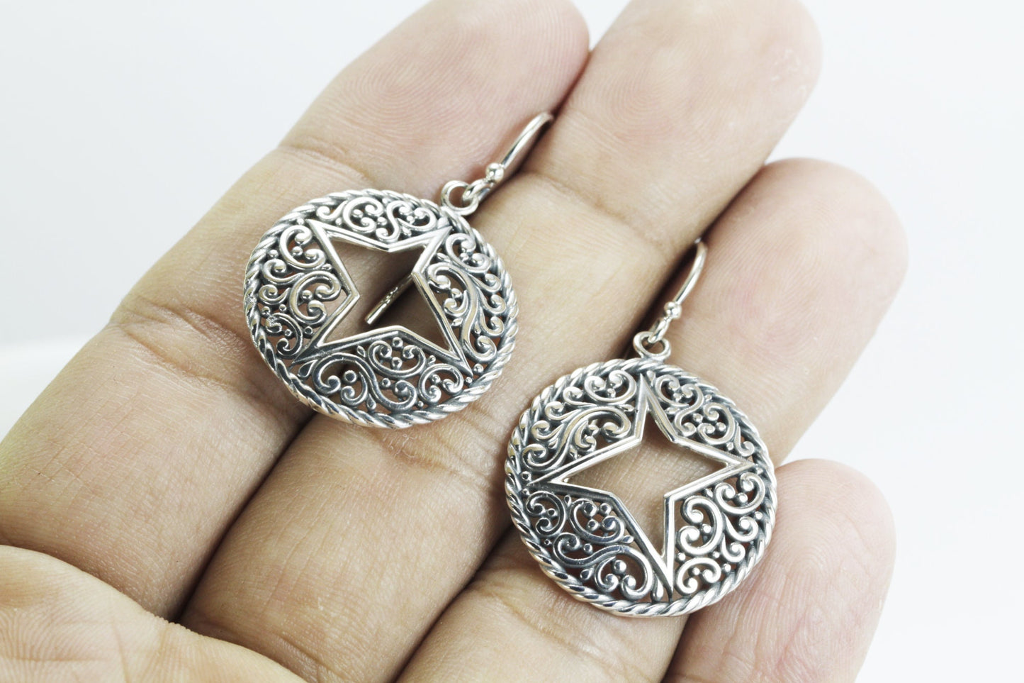 openwork circle earrings dangle drop 925 sterling silver, filigree earrings, cable rope earrings