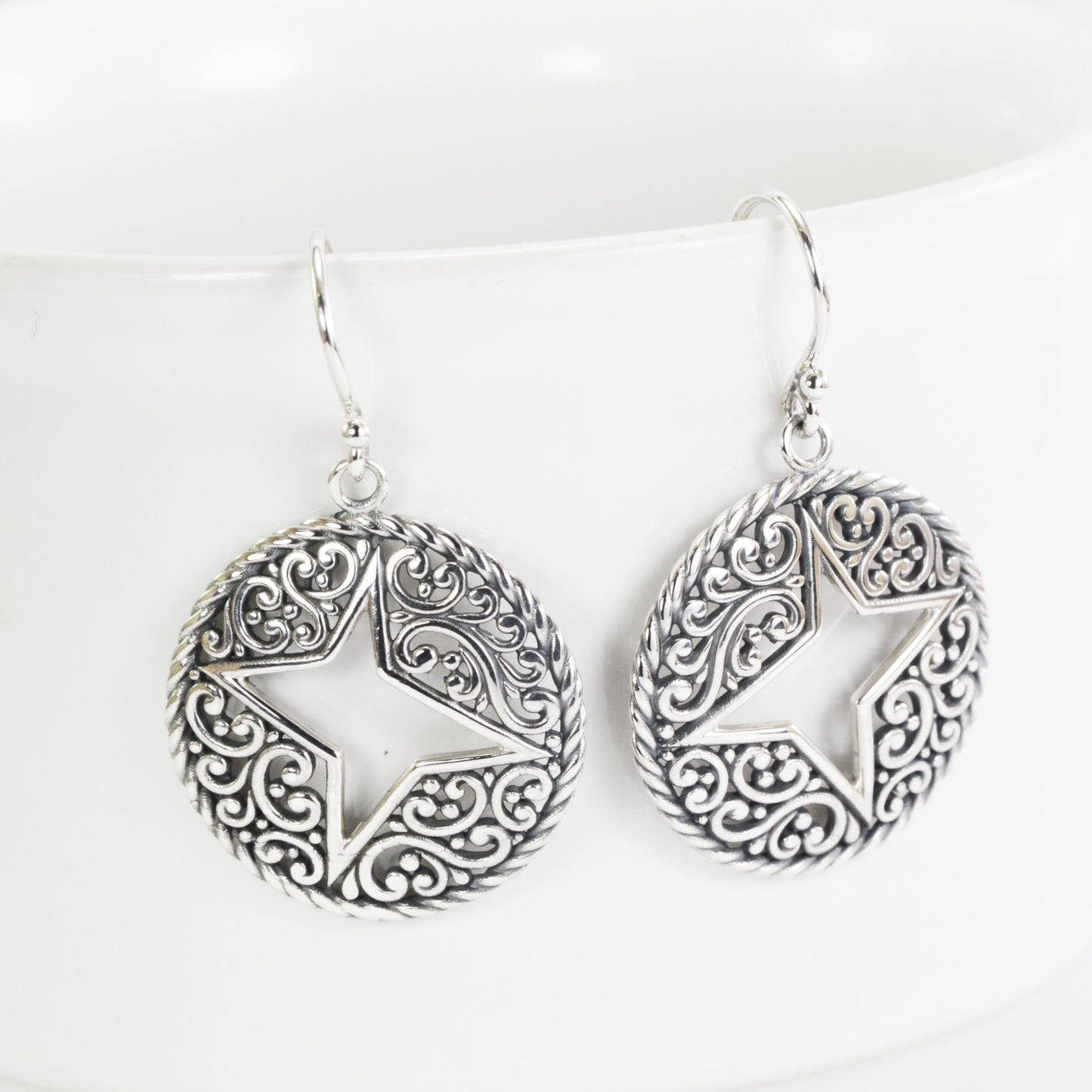 openwork circle earrings dangle drop 925 sterling silver, filigree earrings, cable rope earrings