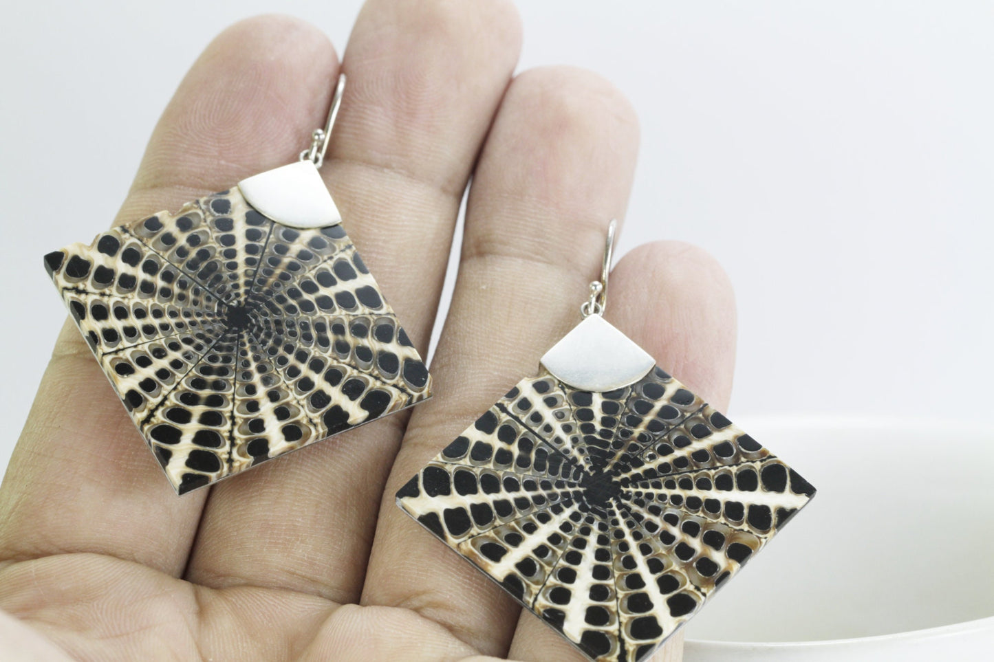 Spider shell earrings dangle set in 925 sterling silver, square shell dangle earrings