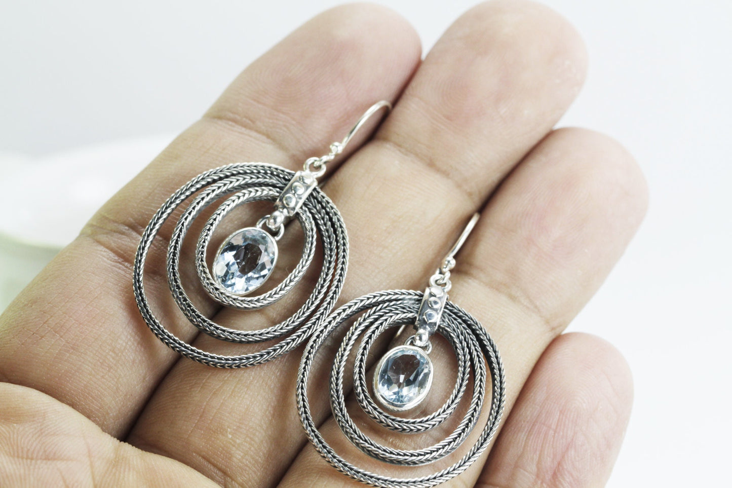 blue topaz earrings dangle drop 925 sterling silver decorated with dragon bone chain