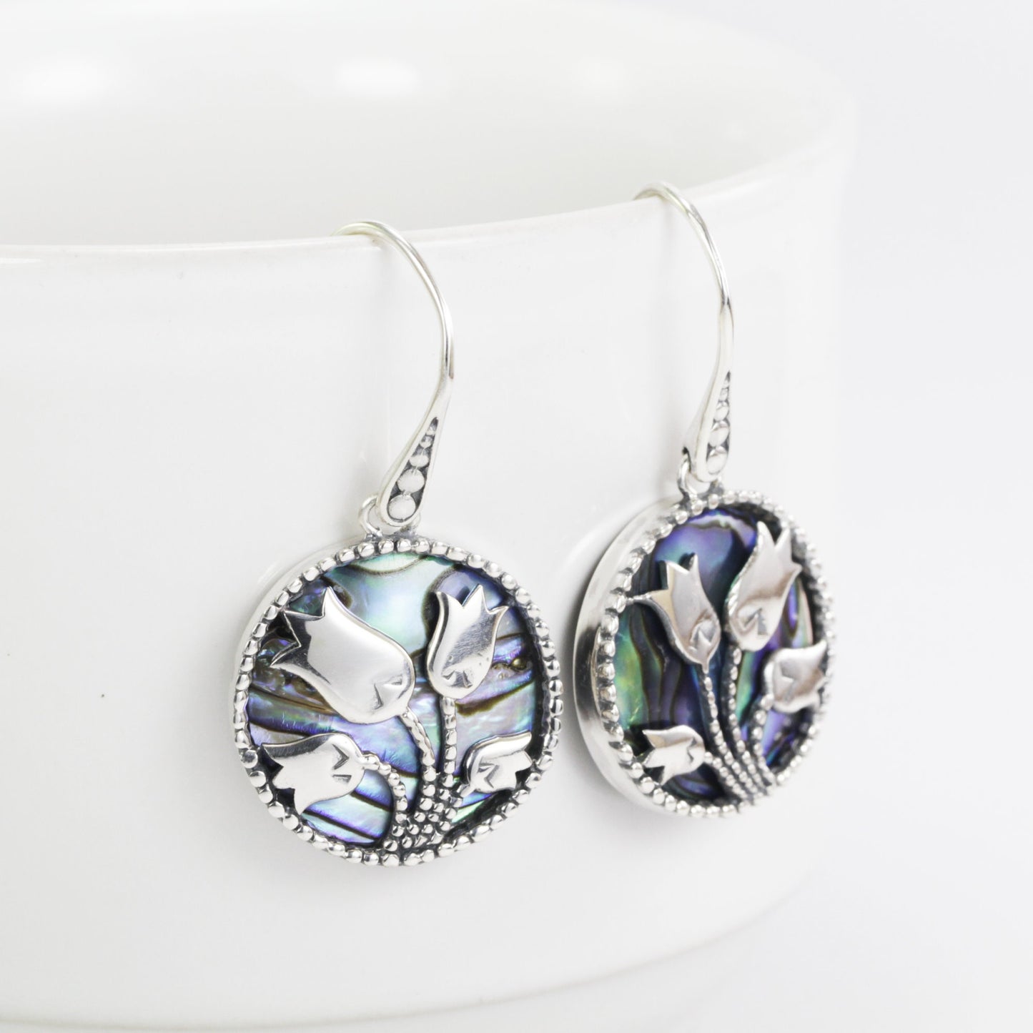 Tulip earrings 925 sterling silver round drop with genuine abalone shell, paua shell earrings
