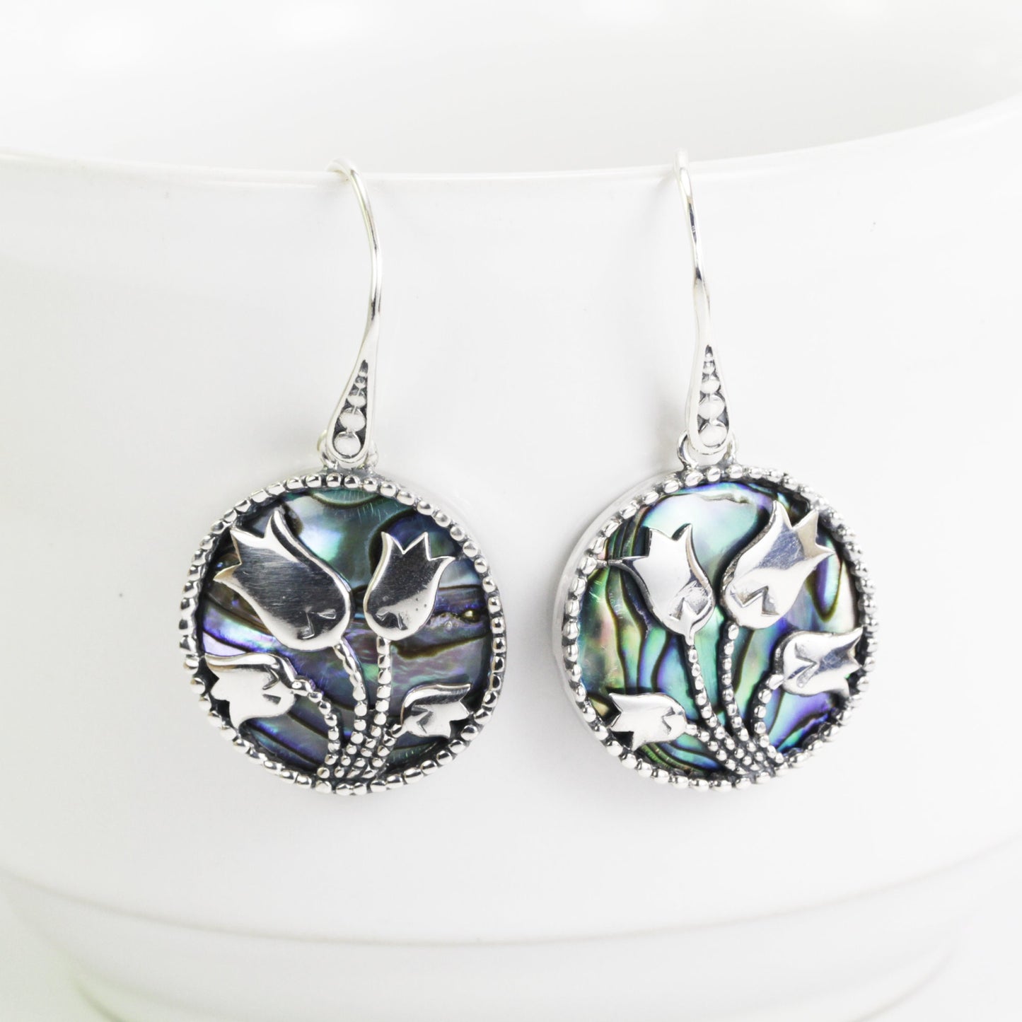 Tulip earrings 925 sterling silver round drop with genuine abalone shell, paua shell earrings
