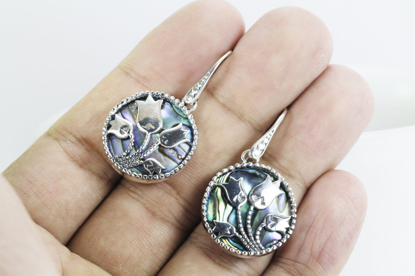 Tulip earrings 925 sterling silver round drop with genuine abalone shell, paua shell earrings