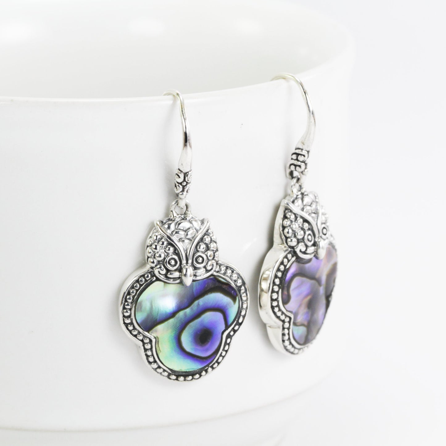 Owl earrings 925 sterling silver with genuine abalone decorated with swirl filigree