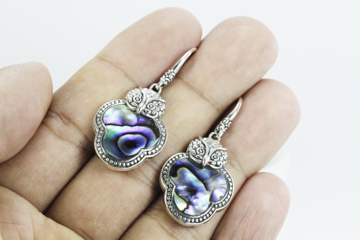 Owl earrings 925 sterling silver with genuine abalone decorated with swirl filigree