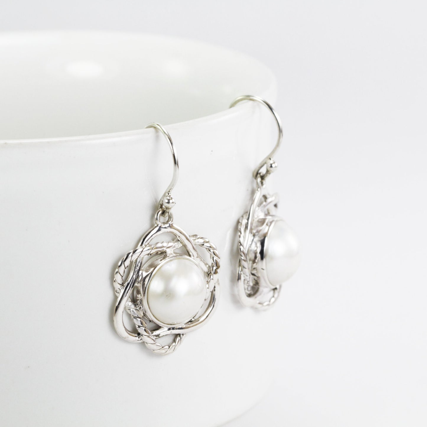 White mabe pearl earrings set in 925 sterling silver, 12 mm mabe pearl earrings