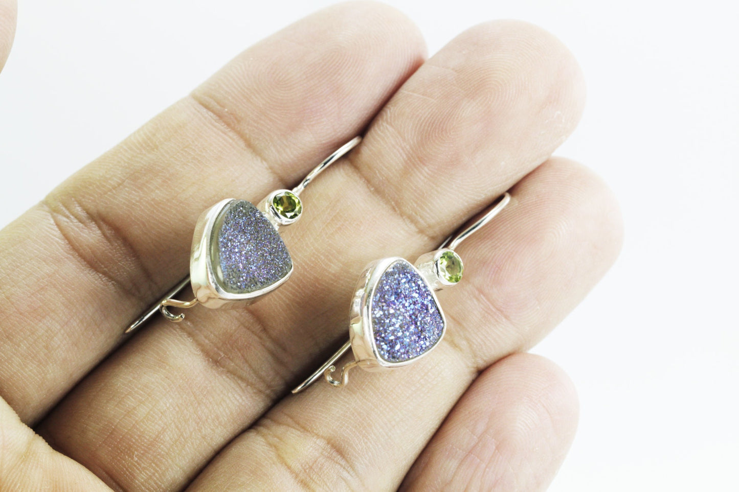 Peridot earrings with druzy set in 925 sterling silver and kidney closure, two stone earrings