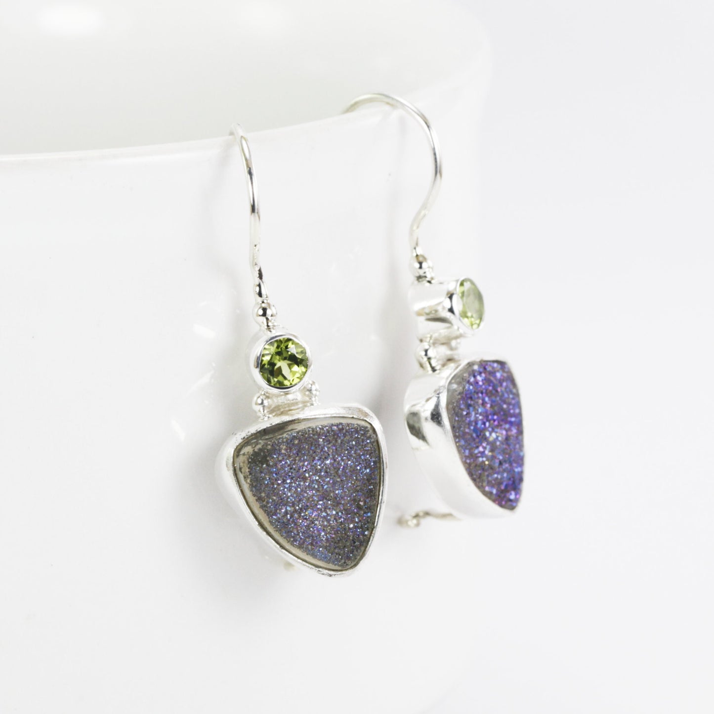 Peridot earrings with druzy set in 925 sterling silver and kidney closure, two stone earrings