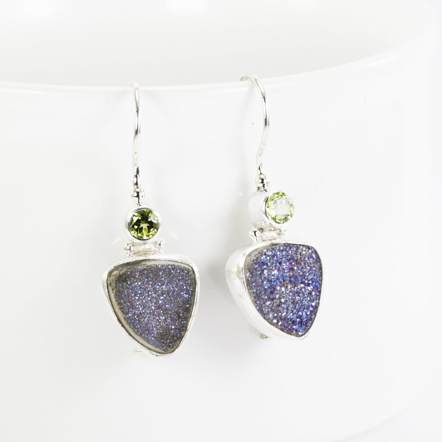 Peridot earrings with druzy set in 925 sterling silver and kidney closure, two stone earrings