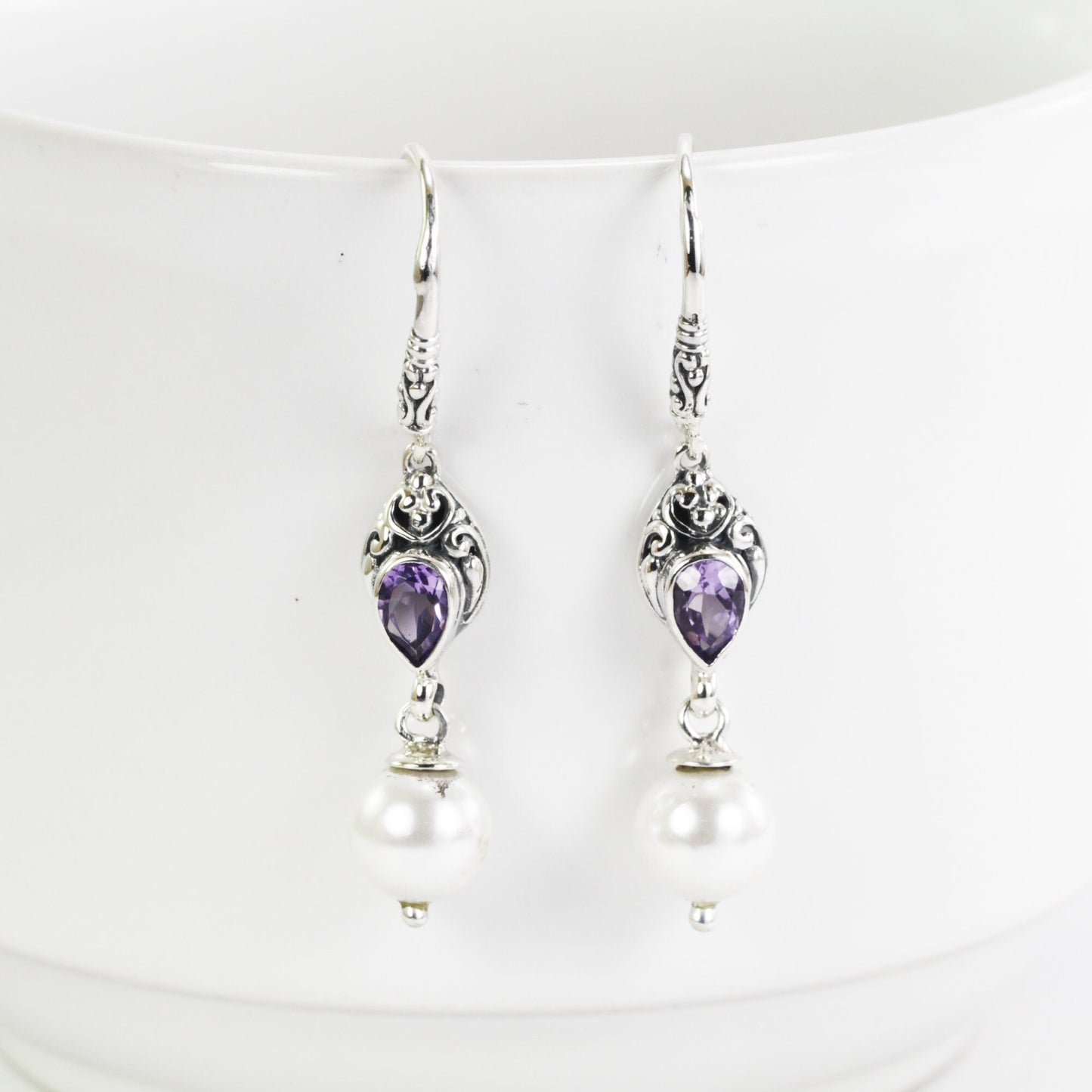 Amethyst earrings dangle drop 925 sterling silver with genuine fresh water pearl decorated with filigree