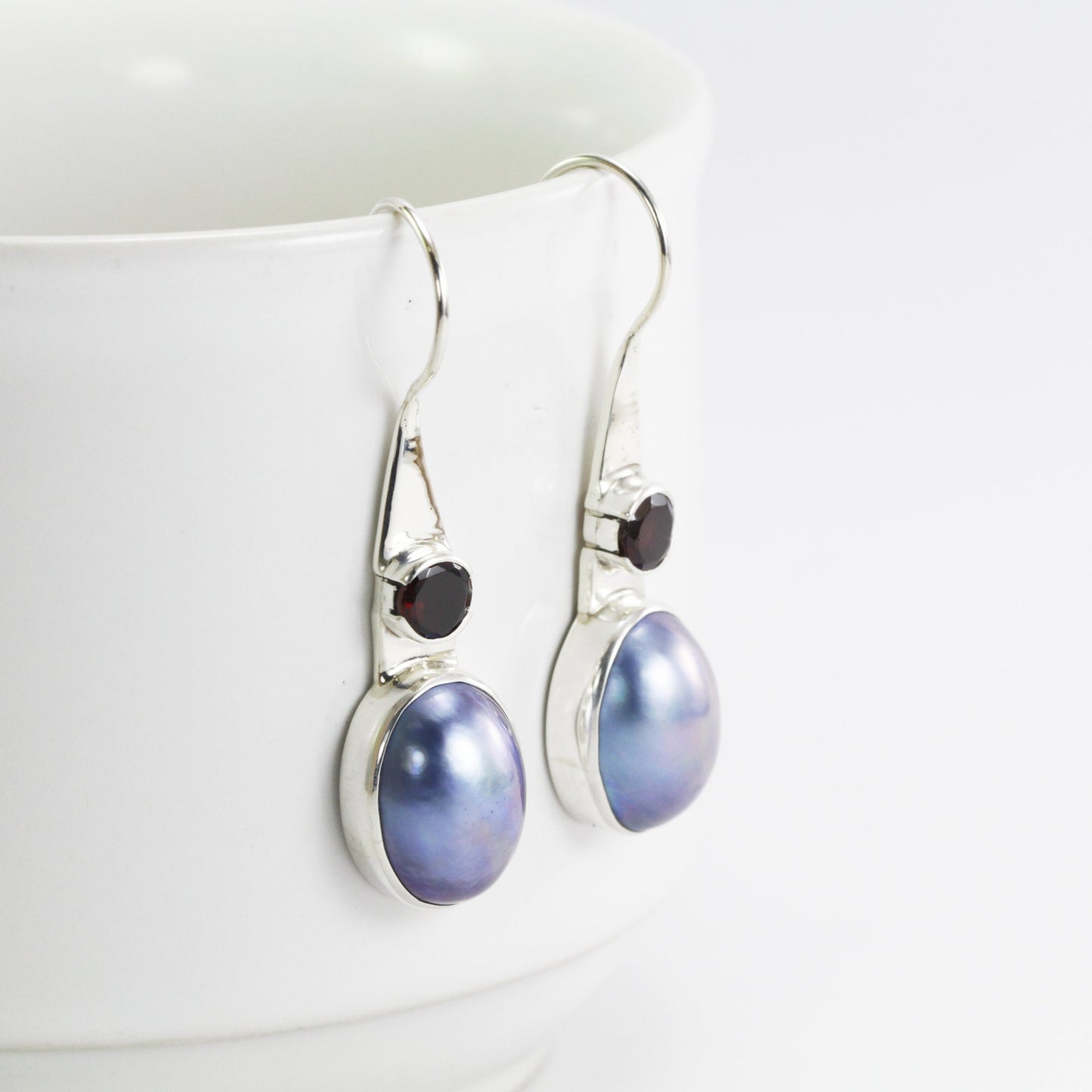 Pink pearl earrings with amethyst set in 925 sterling silver, pink mabe earrings, amethyst