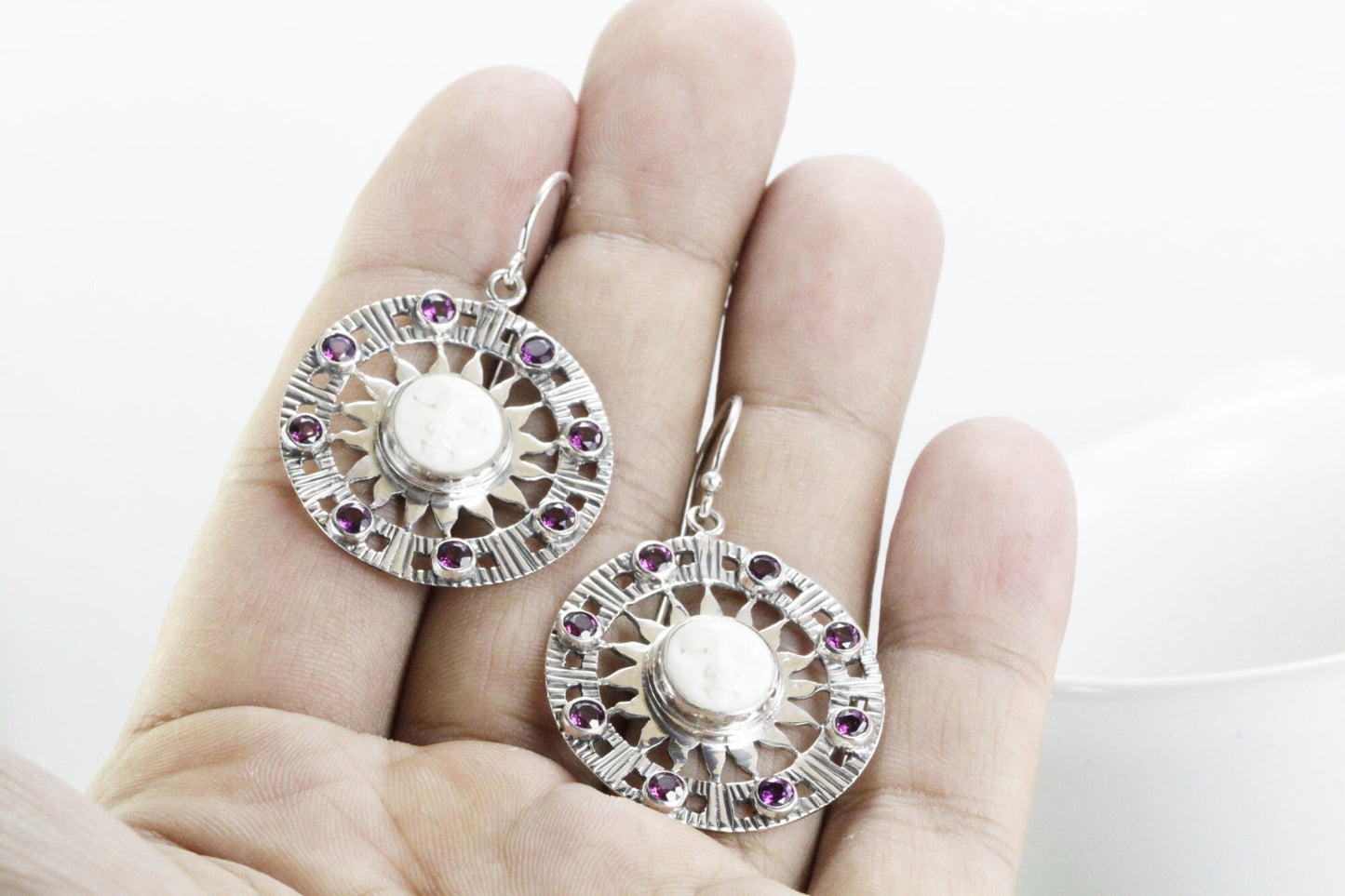Moon face earrings dangle set in 925 sterling silver with genuine rhodolite gems stone, sun earring silver dangle