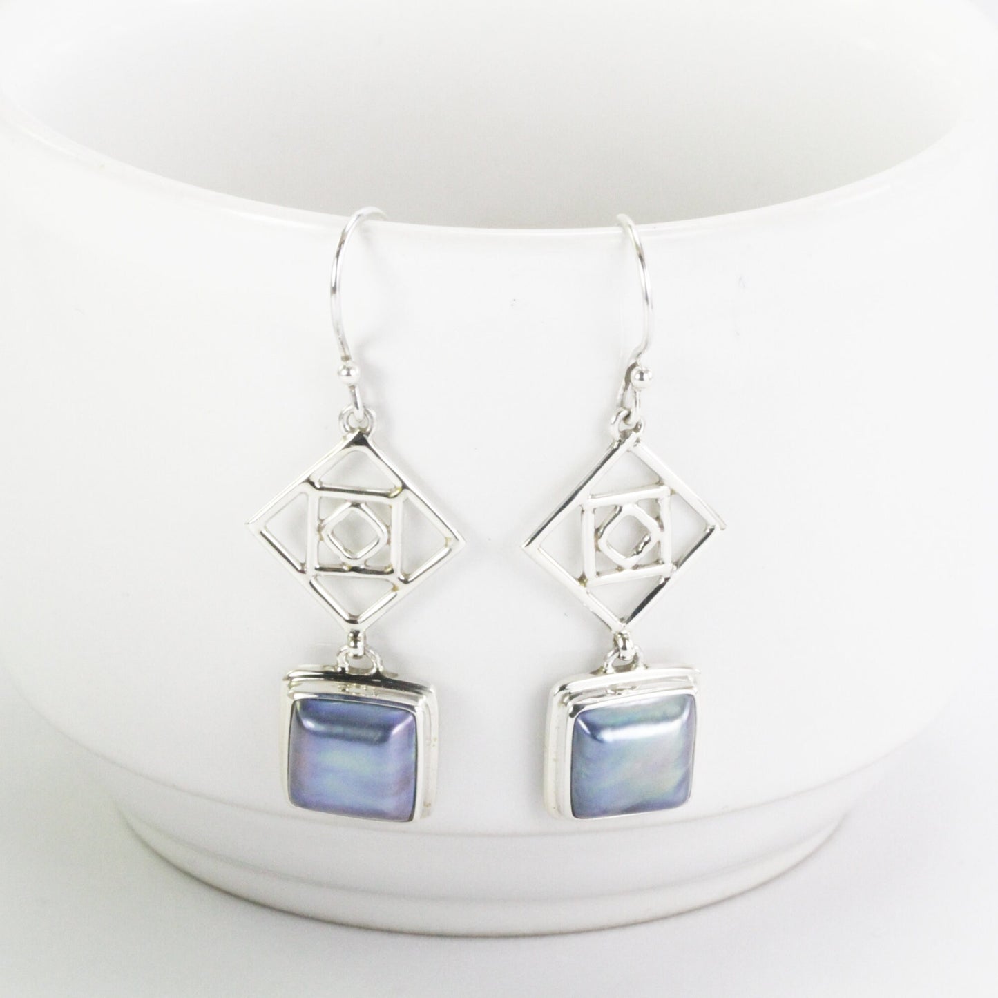Square mabe Pearl Earrings 925 sterling, long earrings dangle with pearl