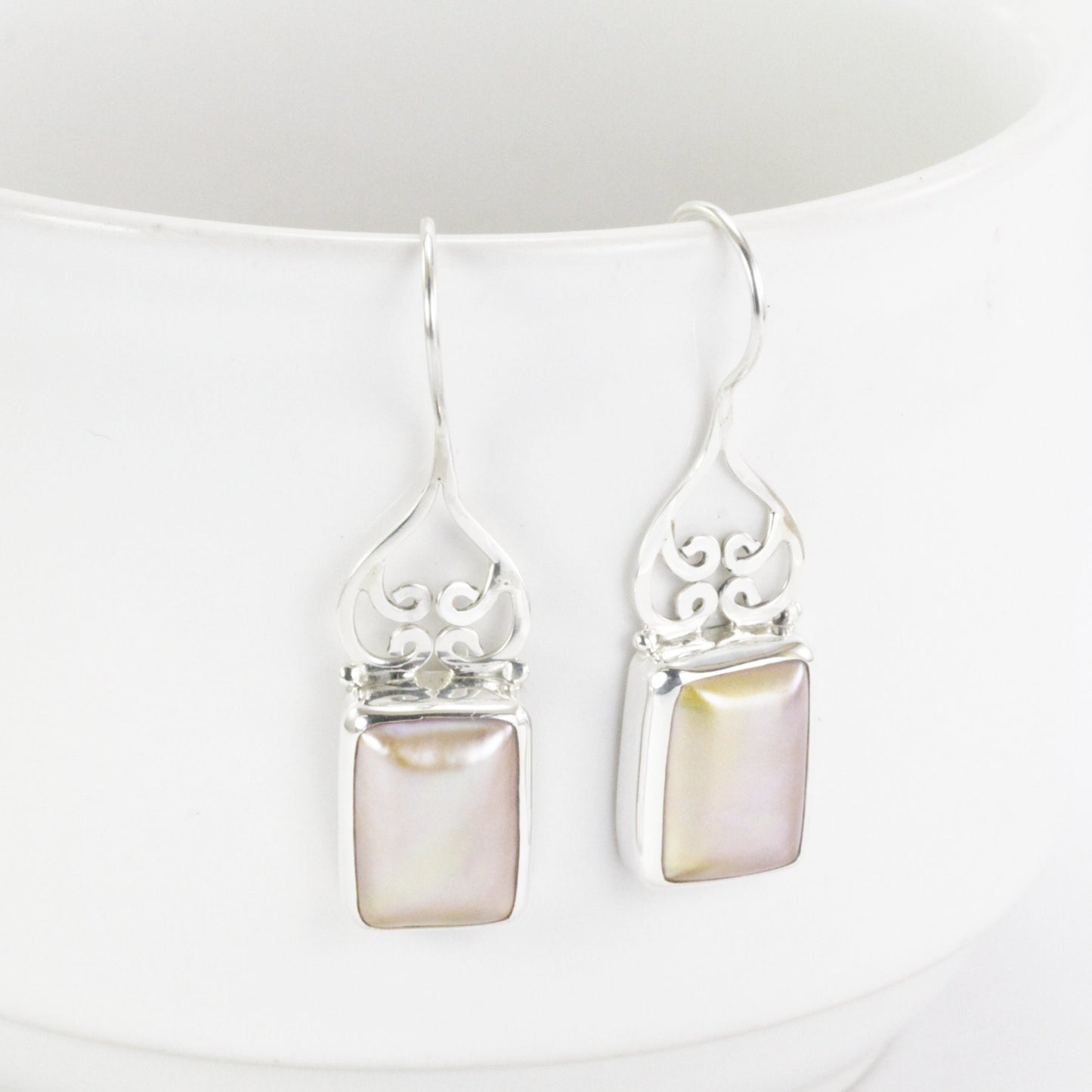 Gold mabe earrings dangle 925 sterling silver, octagon mabe earrings dangle