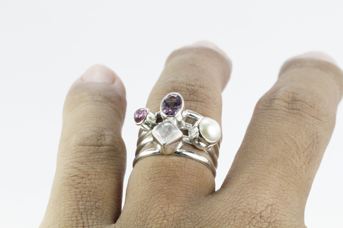 multi stone ring with amethyst, tourmaline, moonstone, and fresh water pearl set in 925 sterling silver