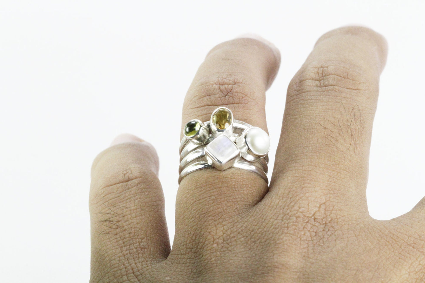 mix stone ring with citrine, peridot, moonstone, and fresh water pearl set in 925 sterling silver