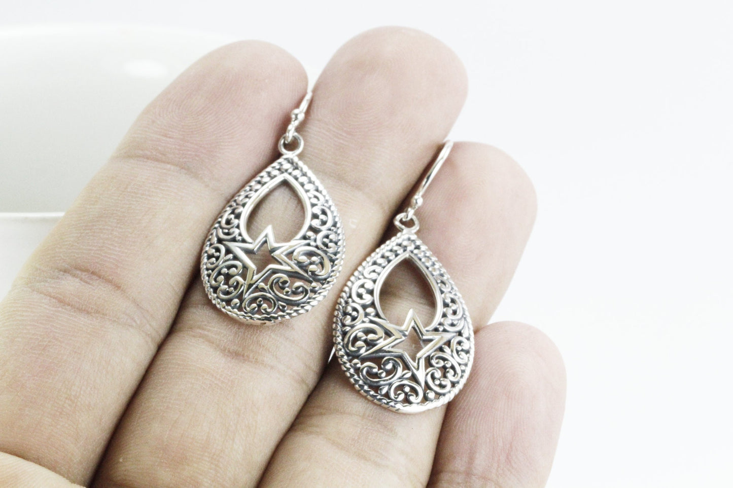 Teardrop earrings dangle 925 sterling silver, pear shape filigree earrings