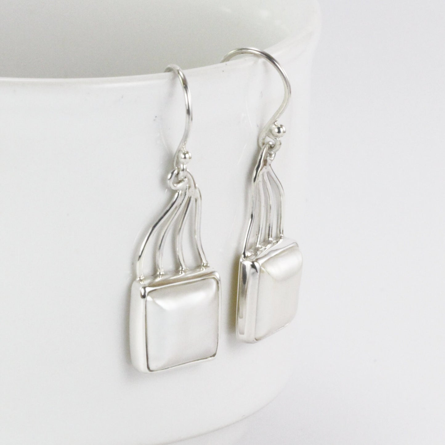 Square Pearl Earrings 925 sterling, long earrings dangle with pearl, white mabe pearl earrings