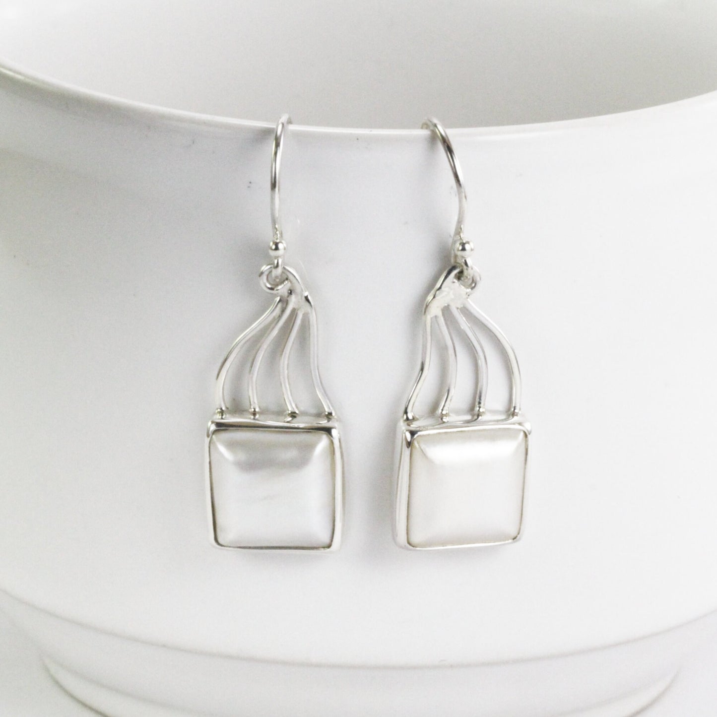 Square Pearl Earrings 925 sterling, long earrings dangle with pearl, white mabe pearl earrings