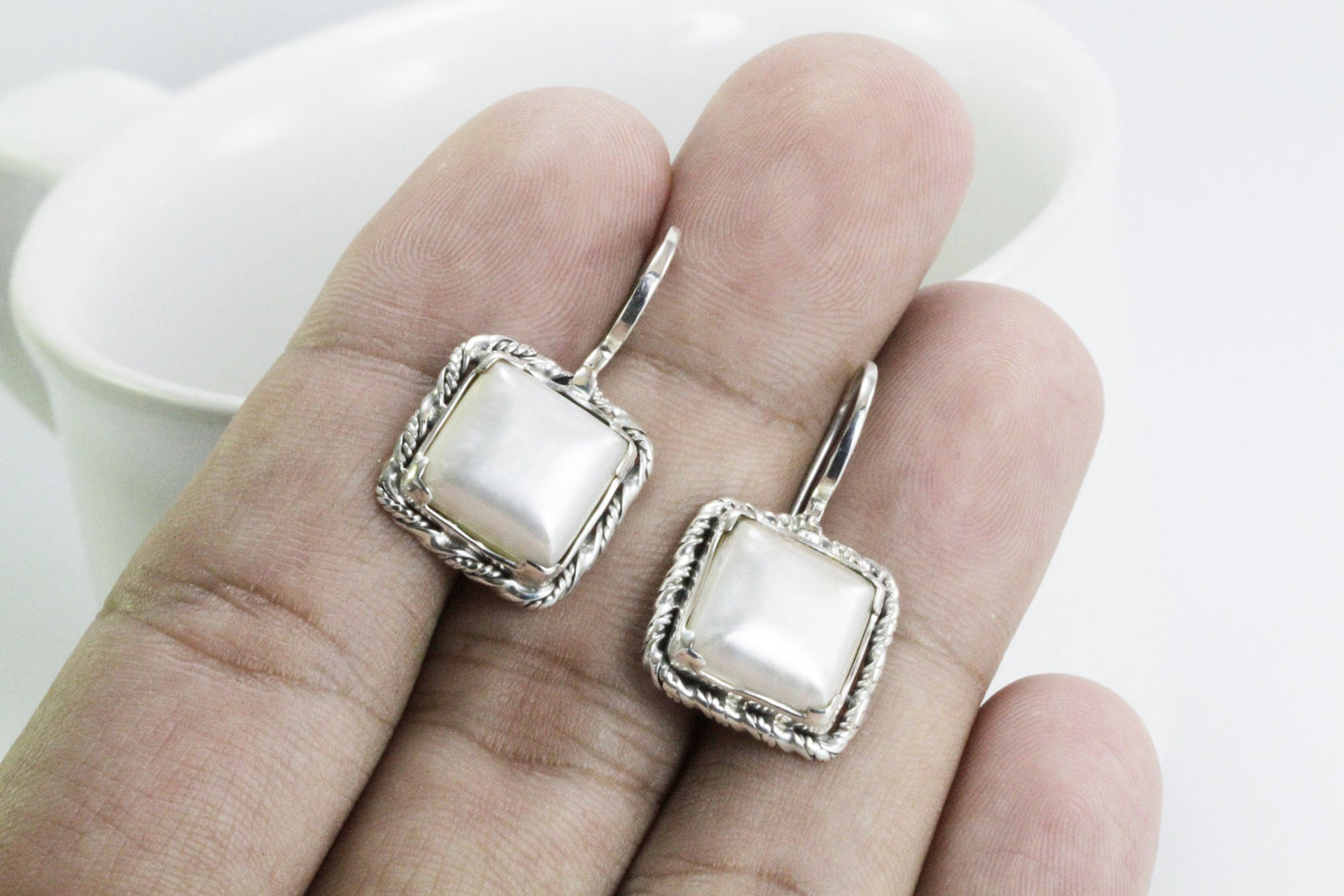 Square Pearl Earrings dangle 925 sterling, long earrings dangle with pearl, white mabe pearl earrings