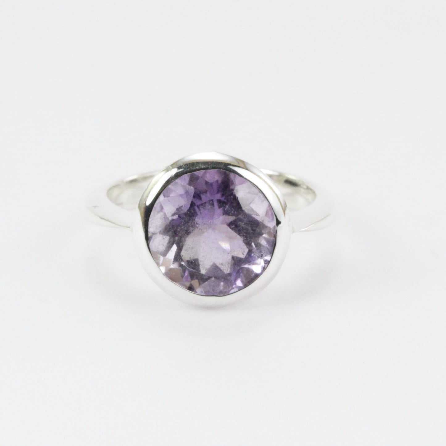 Round Amethyst solitaire ring for women 11 mm round handmade bezel set in 925 sterling silver